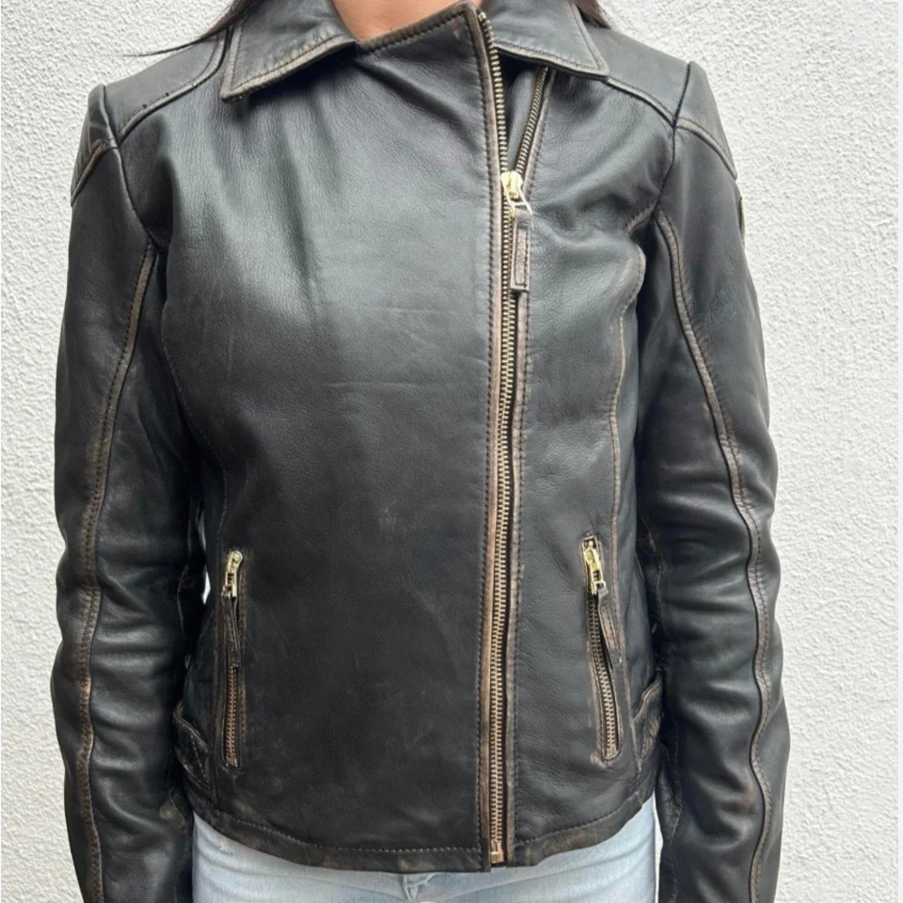 Black Lambskin Leather Moto Jacket with Gold Features